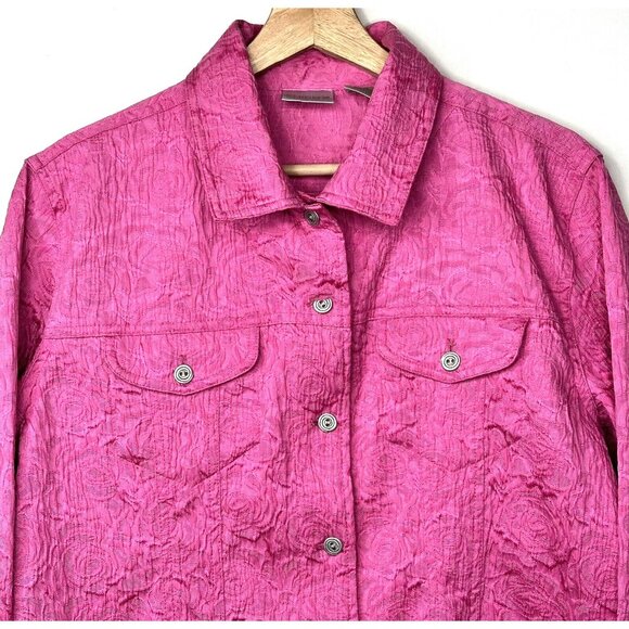 Chico's Womens Jacket Fitted Textured Pink Rose Silver Swirl Buttons Size 2 - Picture 3 of 11